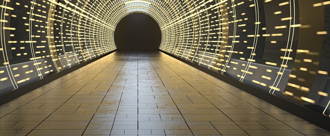 Dark round tunnel with glowing neon lights, 3d rendering. Computer digital drawing
